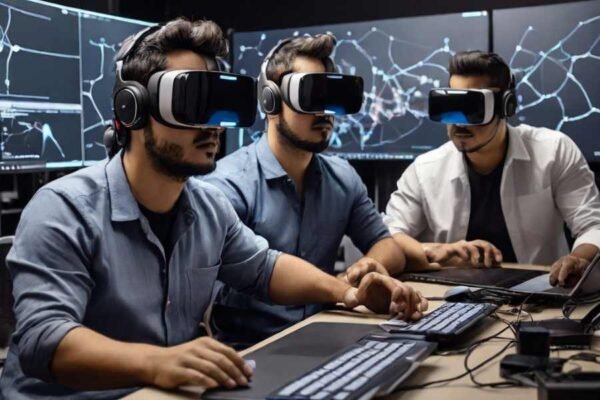 Equipo de tecnología evaluando un prototipo de interfaz de usuario VR, destacando la colaboración y el diseño innovado