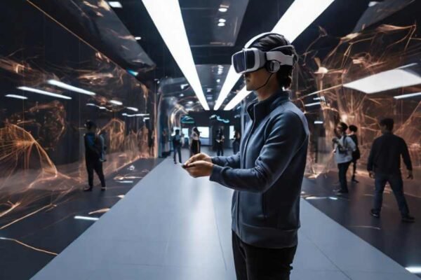 Usuario probando una aplicación de realidad virtual con gráficos avanzados, demostrando la inmersión y la interactividad de la VR