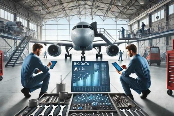 Técnicos aeronáuticos utilizando tabletas para analizar datos de mantenimiento de aeronaves.