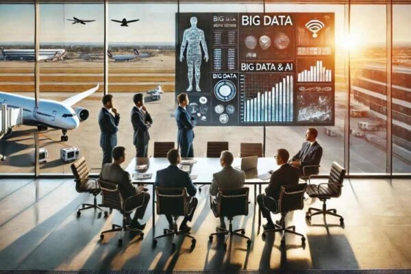 Reunión de estrategia en la industria aeronáutica discutiendo la implementación de Big Data e IA