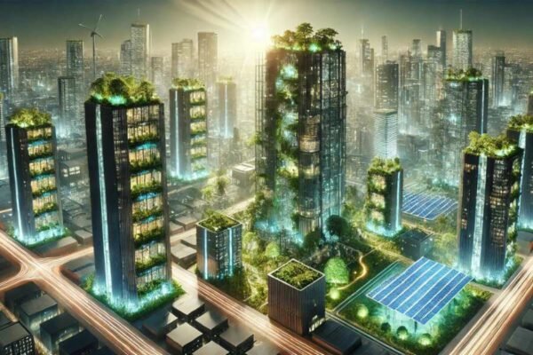 Un paisaje urbano verde en el Metaverso, mostrando edificios con jardines verticales y energía solar.
