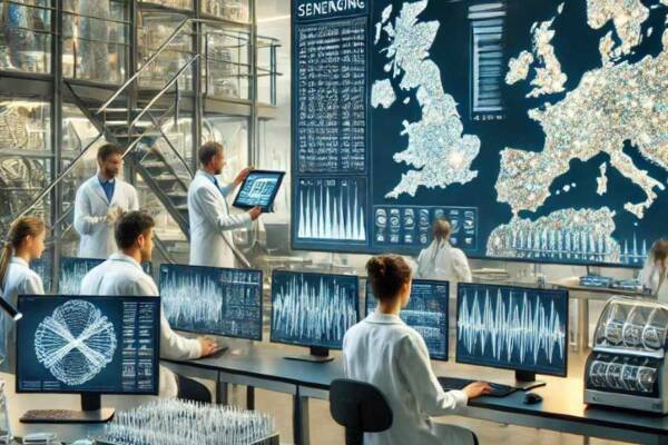 Científicos procesando datos de ADN antiguo en un laboratorio, utilizando Big Data e IA para rastrear migraciones humanas.