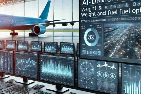 Monitores de control de vuelo mostrando análisis predictivos de peso y consumo de combustible optimizados por IA.