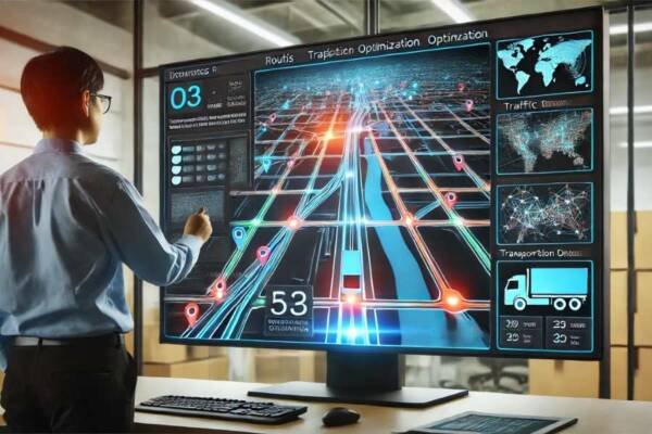Mapa digital con rutas optimizadas en una pantalla de transporte.