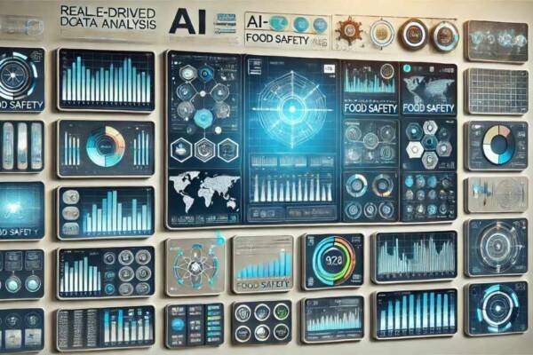 Panel de control de inteligencia artificial analizando datos de seguridad alimentaria.