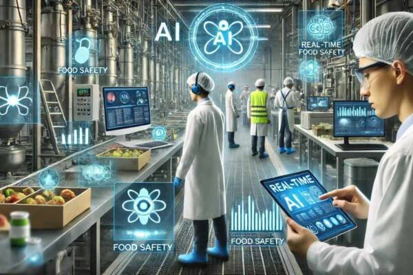 Empleados de la industria alimentaria utilizando tecnología de inteligencia artificial para monitorear la seguridad de los alimentos.