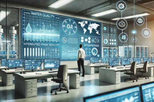 Técnico de laboratorio revisando gráficos con información de contaminantes y parámetros de calidad en un panel de IA