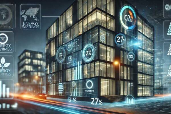 Edificio moderno con luces y sensores optimizados por inteligencia artificial para eficiencia energética.