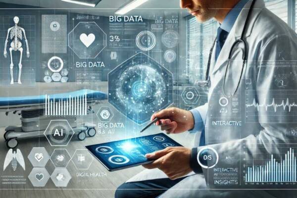 Médico utilizando una tableta con visualización de datos médicos en tiempo real.