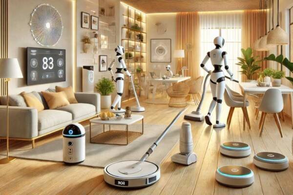 Hogar moderno con robots de IA asistiendo en tareas domésticas.