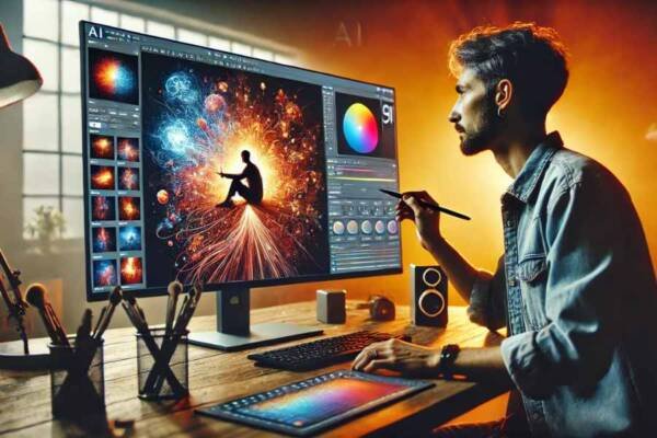 Artista trabajando con software de IA para crear arte digital Título (Title): Creación colaborativa humano‑IA