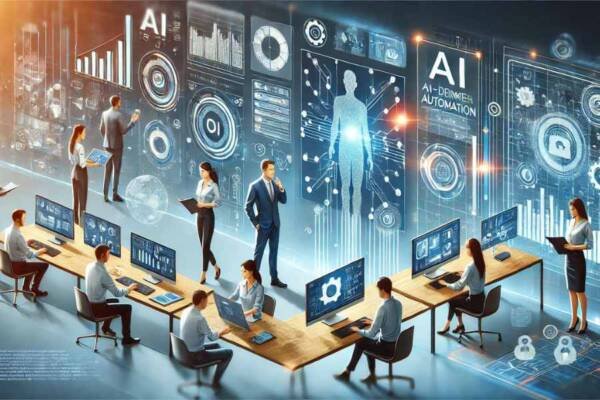 Empleados colaborando en la automatización de procesos con tecnologÃa IA.