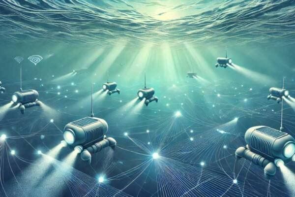 robots submarinos con IA trabajando en equipo bajo el mar