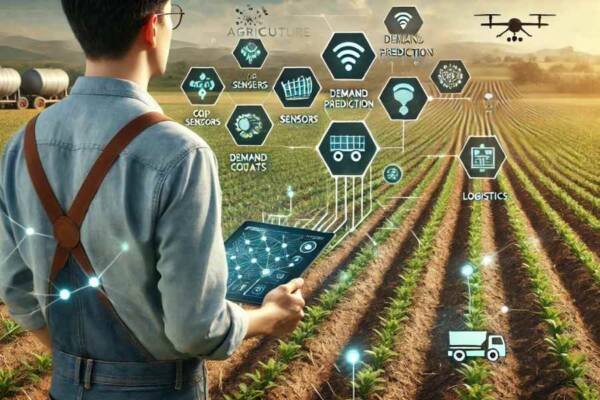 productor agrícola utilizando IA para distribuir alimentos eficientemente
