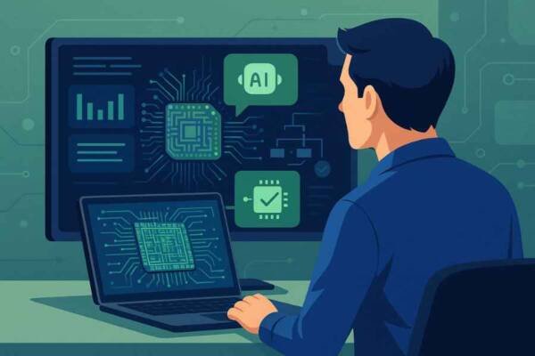 Interfaz de IA optimizando el diseño físico de un microchip en tiempo real.