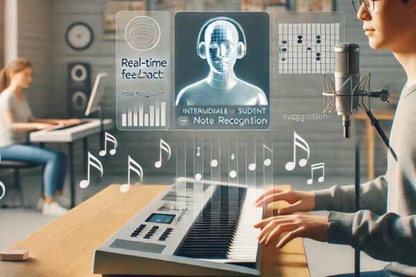 Tutor virtual de inteligencia artificial guiando a un estudiante de piano.