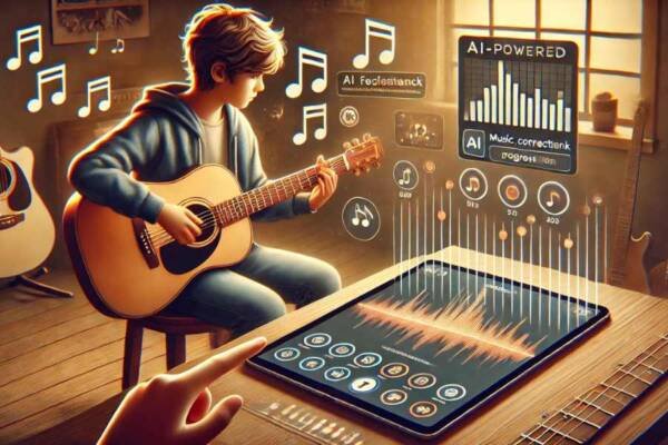 : Alumno usando una app con inteligencia artificial para practicar guitarra.