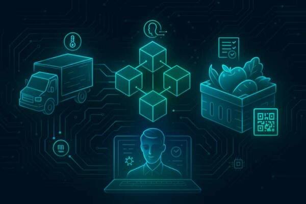Representación conceptual de un gemelo digital para la cadena de frío con IA y blockchain.