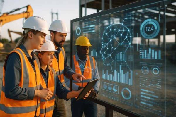 Obreros usando tabletas digitales en una obra moderna con dashboards en pantalla
