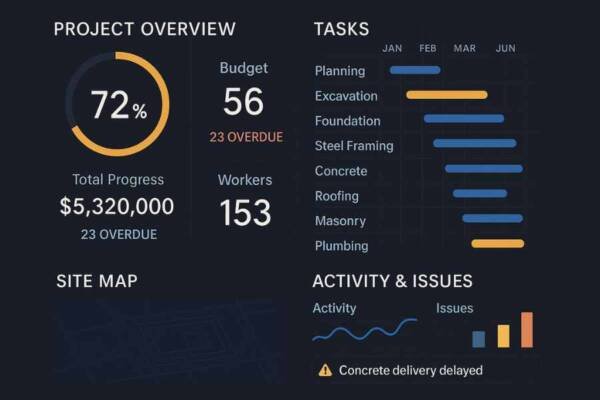 Panel de control digital para proyectos de construcción con gráficos de progreso