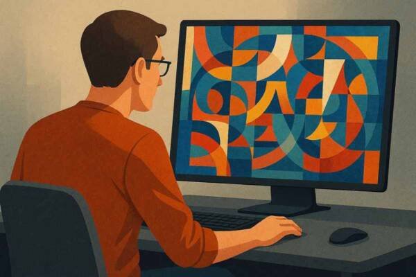 Artista humano trabajando junto a un monitor con arte generado por IA