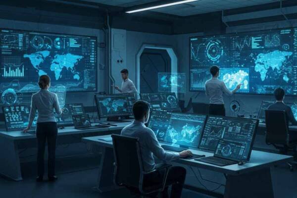 Centro de monitoreo de ciberseguridad con IA en acción