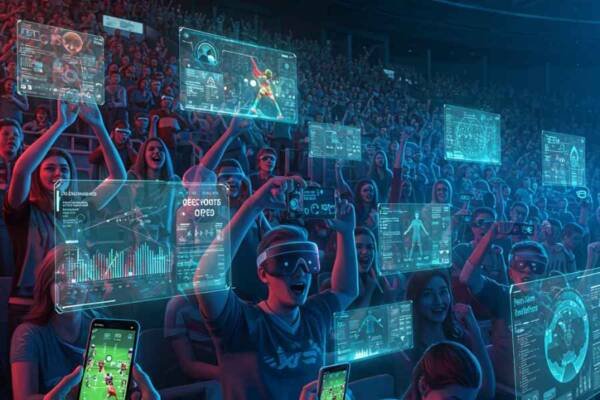 Fans en un estadio de deportes usando realidad aumentada para ver estadísticas y repeticiones.