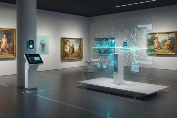 Sensores de monitoreo ambiental en un museo conectados a un sistema de inteligencia artificial.