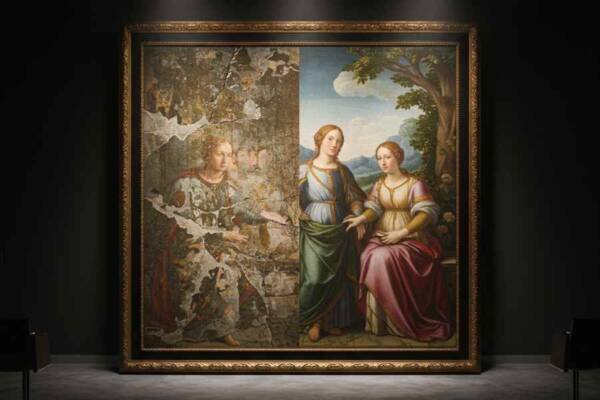 Obra de arte antigua restaurada con tecnología de inteligencia artificial.
