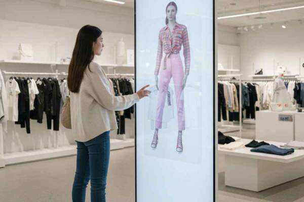 Cliente chateando con un asistente virtual de moda para soporte o consejos de estilo.