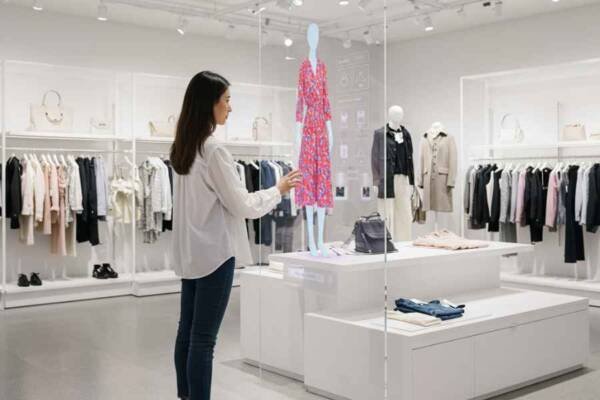 Mujer probándose ropa virtualmente en un probador inteligente de una tienda de moda.