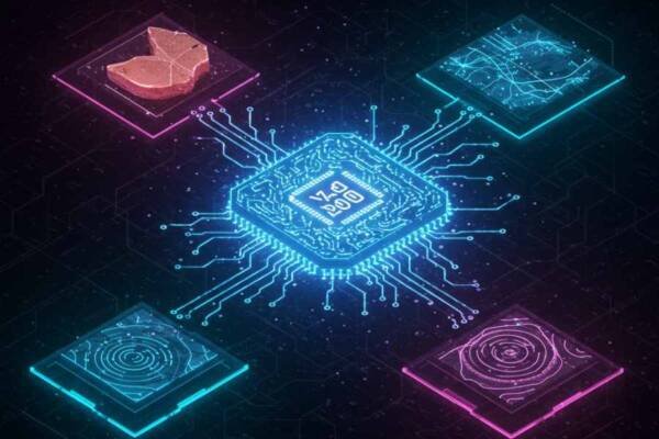 Software de IA analizando patrones en artefactos arqueológicos y datos geoespaciales.
