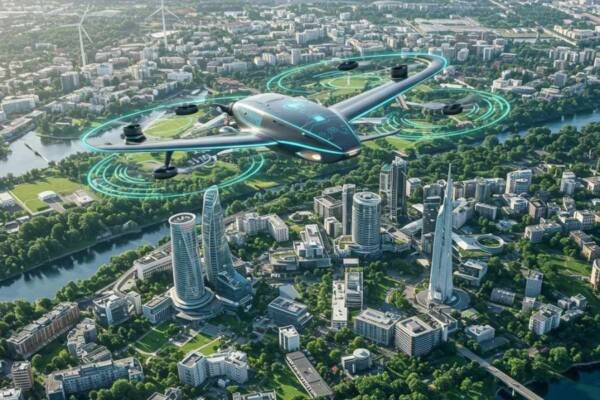 Aeronave eléctrica/autónoma volando sobre una ciudad, gestionada por IA en tiempo real.
