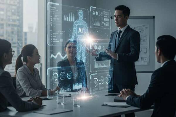 Profesionales interactuando con asistentes virtuales o paneles de IA en un espacio de trabajo moderno.