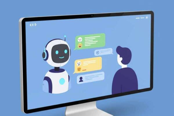 Representación conceptual de un CRM conversando con un cliente por chatbot inteligente.