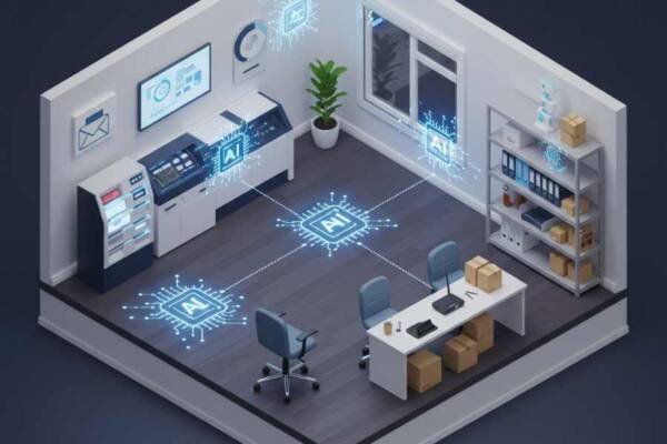 Representación conceptual de herramientas de IA conectadas a áreas clave de una PYME: ventas, marketing, contabilidad y logística.
