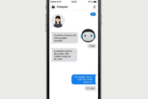 Chatbot conversando con un cliente a través de una app móvil de una operadora de telecomunicaciones.
