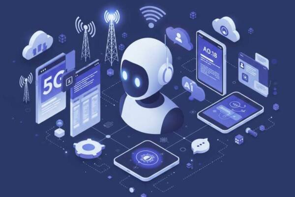 Ilustración conceptual de un asistente virtual inteligente con iconos de telecomunicaciones y redes.