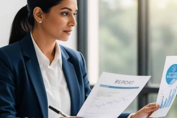 Líder empresarial revisando datos relacionados con la implementación de IA en su empresa.