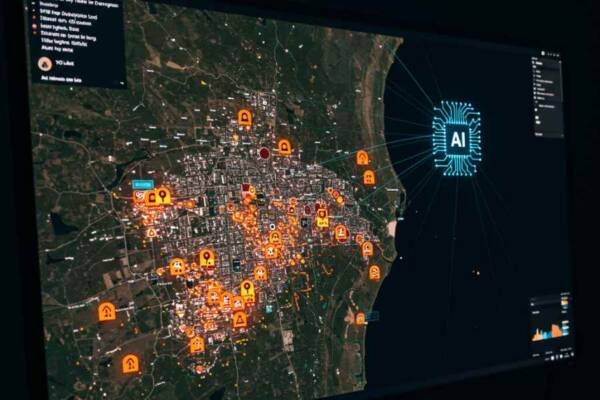 Plataforma de IA monitoreando zonas de conflicto con mapas e imágenes satelitales